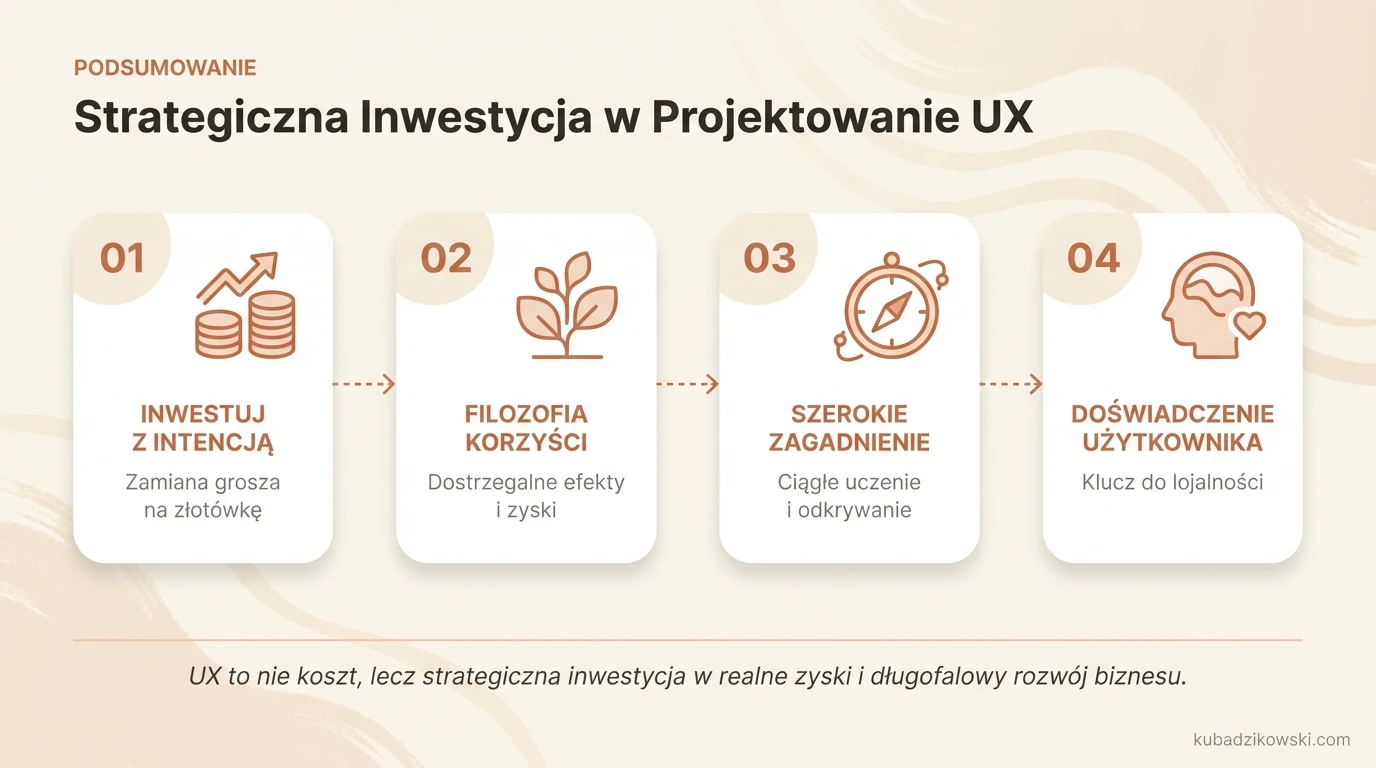 Wizualne podsumowanie, jak inwestycje w UX design przynoszą zyski. Wskazuje korzyści i konieczność nauki UX.