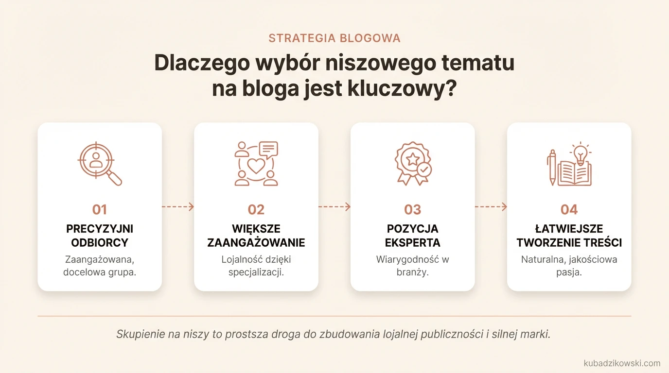 Infografika o znaczeniu niszowego tematu bloga: targetowanie odbiorców, zaangażowanie i sukces.