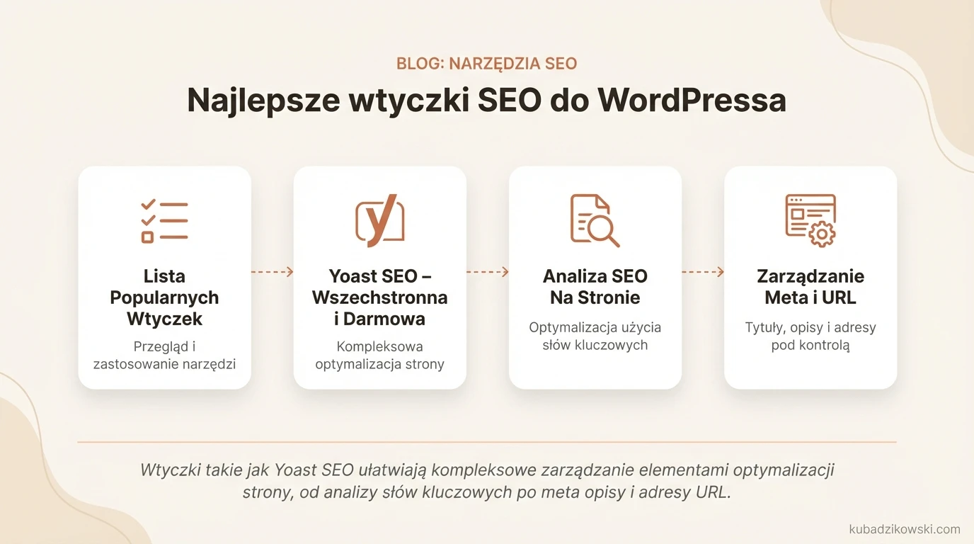 Infografika: popularne wtyczki SEO dla WordPressa, ich funkcje i sposób usprawniania pracy. Przykład: Yoast SEO.