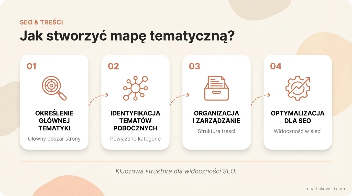 Infografika: proces tworzenia mapy tematycznej. Przedstawia narzędzia i kroki do jej budowy dla celów SEO.