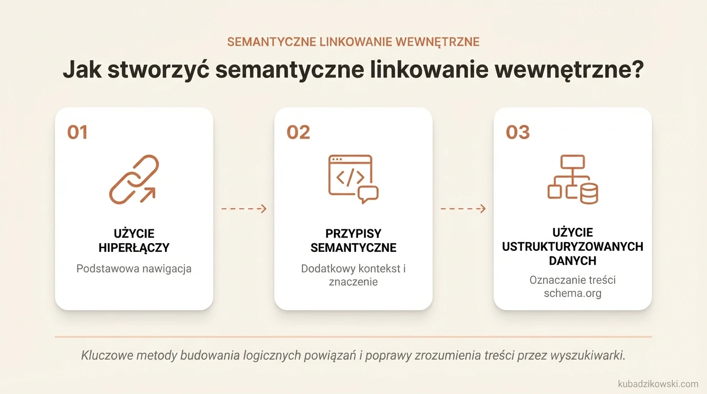 Infografika: Sposoby tworzenia semantycznego linkowania wewnętrznego, m.in. hiperłącza i inne elementy nawigacji.