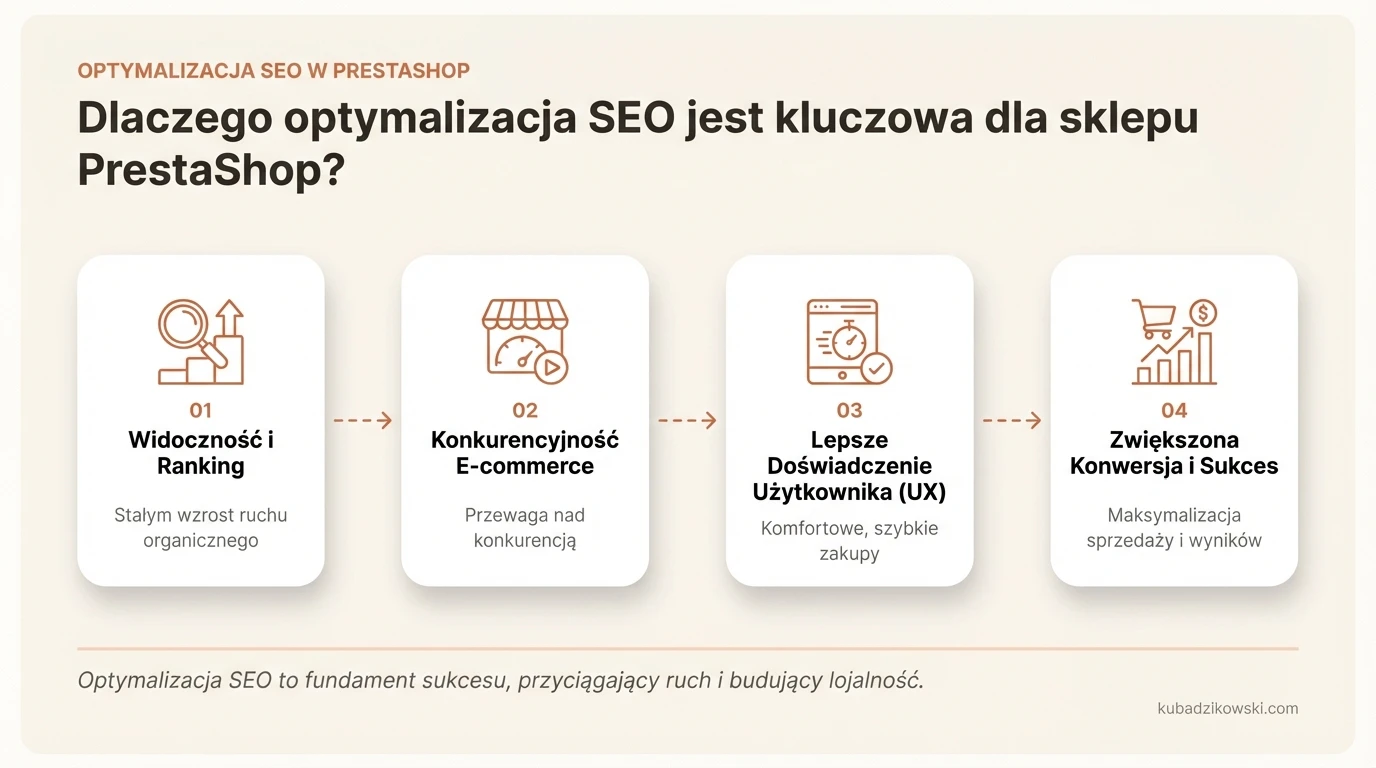 Infografika: Dlaczego SEO jest kluczowe dla sklepu PrestaShop? Zwiększa widoczność, ruch organiczny i sprzedaż e-commerce.
