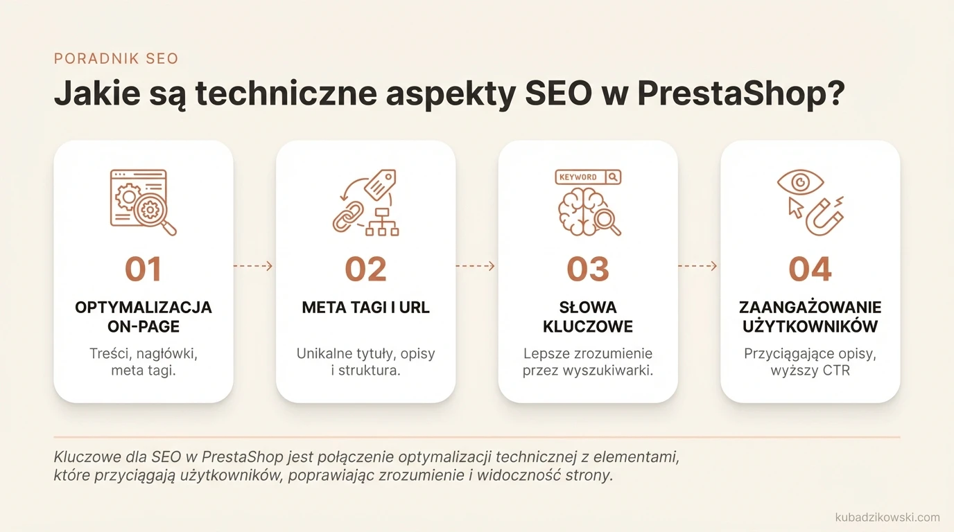 Infografika: Techniczne aspekty SEO w PrestaShop - optymalizacja on-page i off-page, meta tagi, nagłówki.