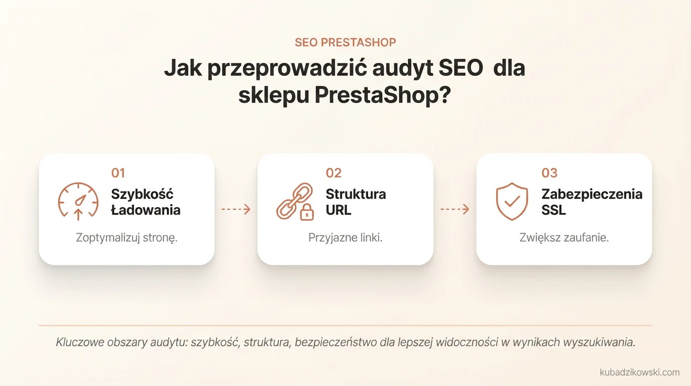 Infografika: Audyt SEO sklepu PrestaShop. Krok po kroku popraw szybkość strony i widoczność w wyszukiwarkach.