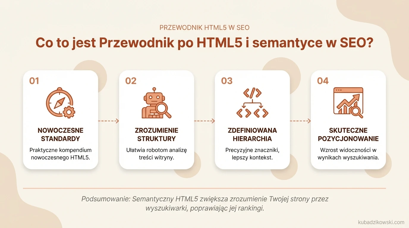 Infografika: Przewodnik po HTML5 i semantyce w SEO, objaśniający ich wpływ na optymalizację wyszukiwarek.