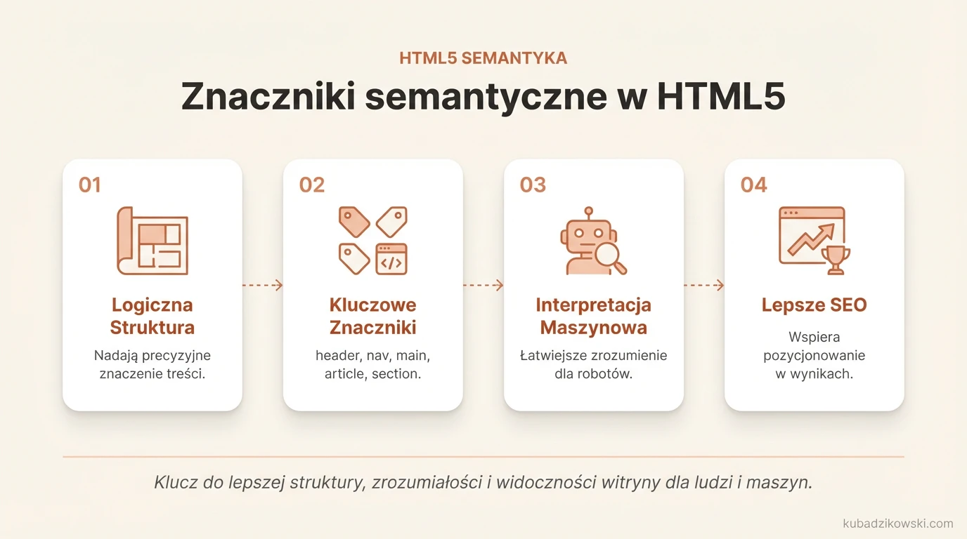 Infografika: Przegląd najważniejszych znaczników semantycznych HTML5 (np. header, nav, article).