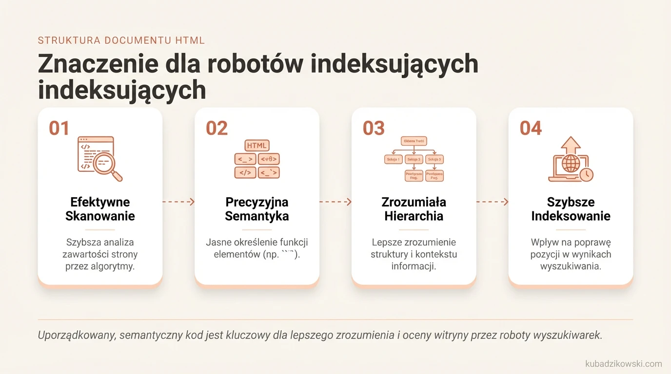 Infografika: Wpływ struktury HTML na SEO i skanowanie witryny przez roboty indeksujące.