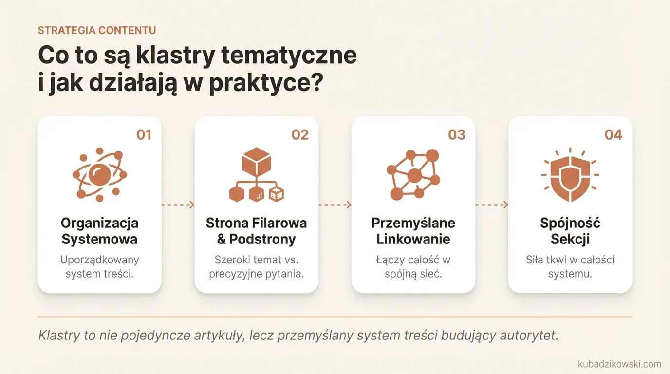 Infografika: klastry tematyczne, czyli strona filarowa połączona z podstronami rozwijającymi szczegółowe zagadnienia.