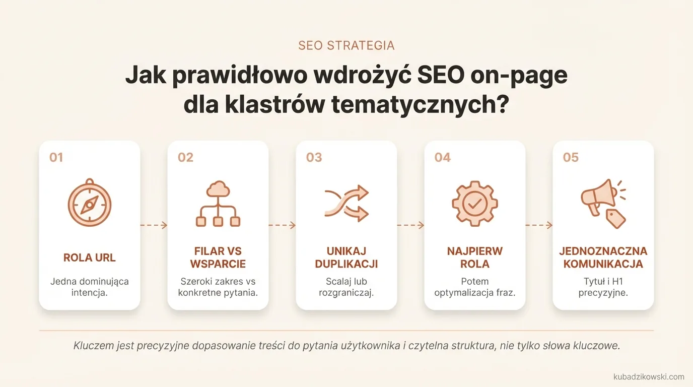 Wizualizacja struktury klastra tematycznego w SEO: strona filarowa szeroko, wspierające rozwijają intencje i problemy.