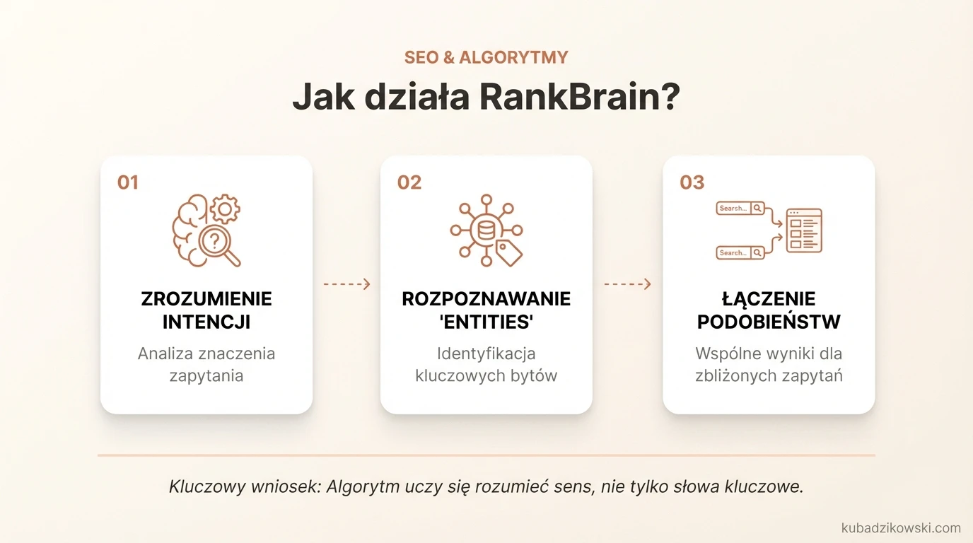 Infografika: działanie RankBrain. Wizualizacja algorytmu Google, który rozumie encje i maszynowe myślenie.