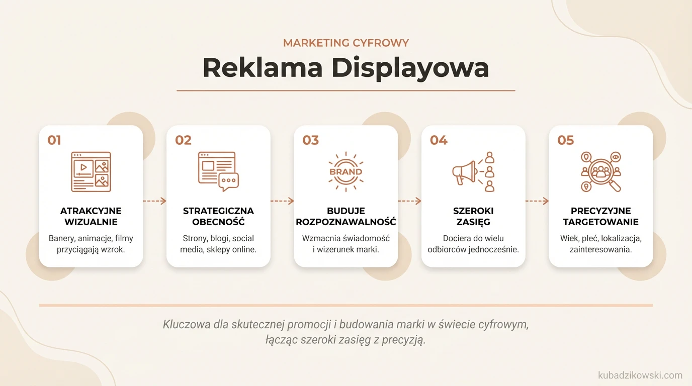 Infografika o reklamie displayowej: banery, animacje, wideo. Popularna forma promocji w świecie cyfrowym.