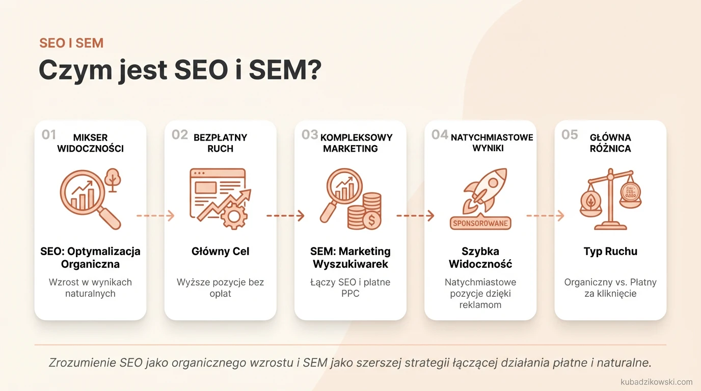 Infografika wyjaśnia różnice między SEO a SEM, przedstawiając elementy i cele optymalizacji widoczności w wyszukiwarkach.