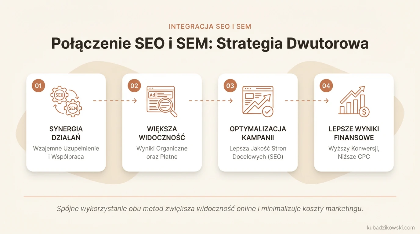 Wizualizacja synergii SEO i SEM w zwiększaniu skuteczności marketingu online.