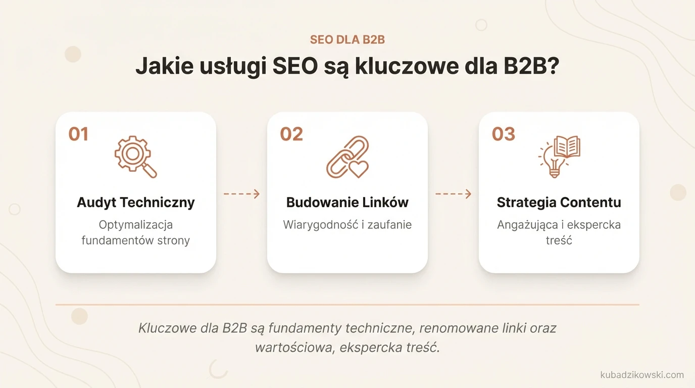 Infografika: kluczowe usługi SEO dla B2B. Audyt techniczny, link building, strategia content marketingu.