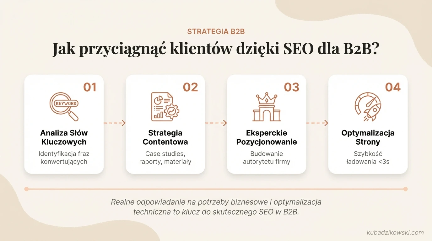 Infografika: przewodnik po SEO B2B, strategia przyciągania klientów, analiza słów kluczowych i narzędzia SEM.