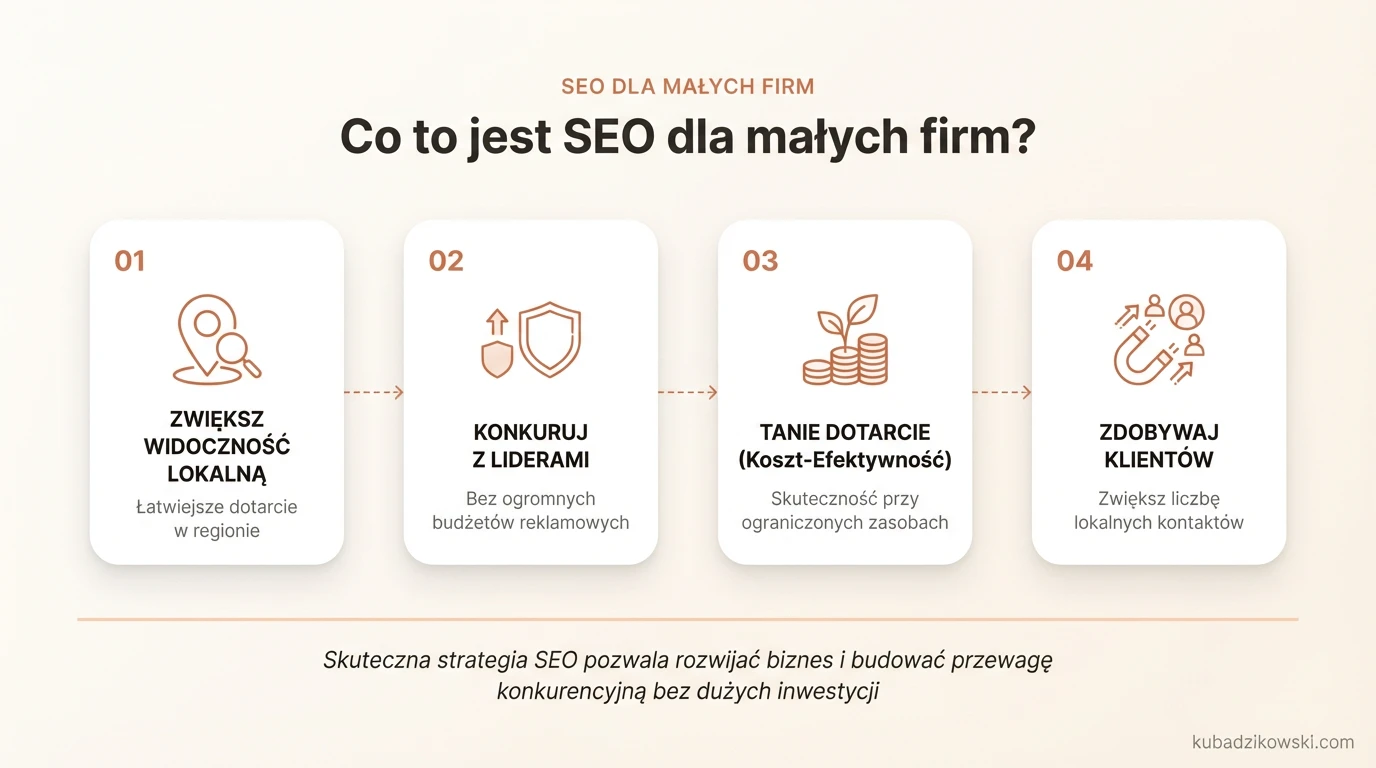 Infografika wyjaśnia SEO dla małych firm, podkreślając jego znaczenie dla widoczności online i konkurowania z ograniczonym budżetem.