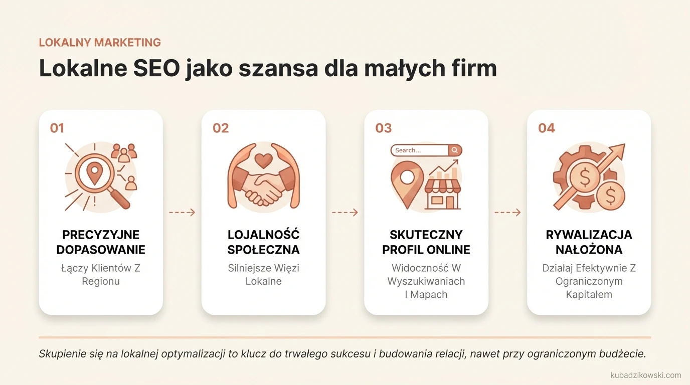 Infografika: Lokalne SEO dla małych firm. Widoczność w wyszukiwarkach, rozwój w regionie, ograniczony budżet.