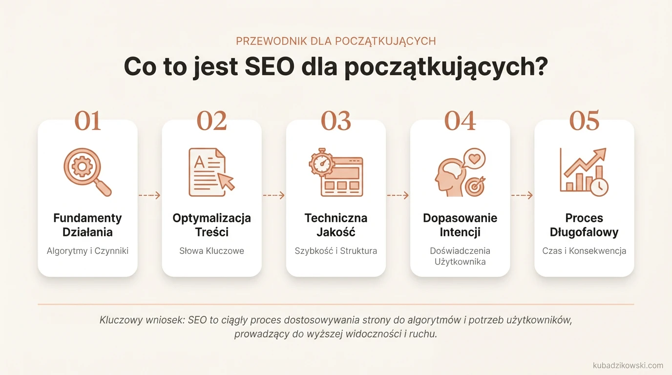 Infografika: Podstawy SEO dla początkujących – czym jest SEO i jak zwiększyć widoczność strony w wyszukiwarkach.