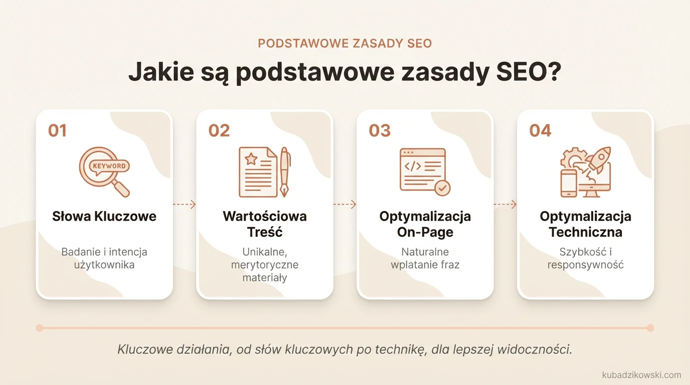 Infografika przedstawia kluczowe zasady SEO, m.in. badanie i dobór słów kluczowych dla widoczności strony.