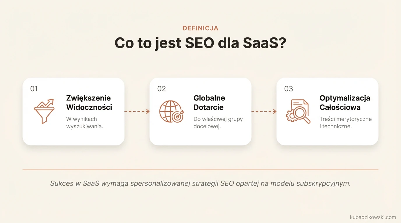 Infografika tłumacząca znaczenie SEO dla firm SaaS (Software as a Service) jako strategii pozyskiwania klientów.
