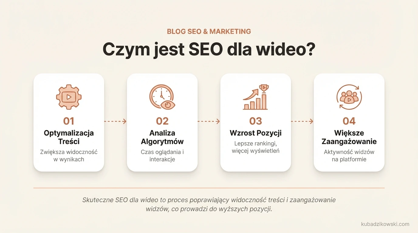 Infografika przedstawia proces pozycjonowania wideo i zwiększania widoczności treści filmowych w wyszukiwarkach.