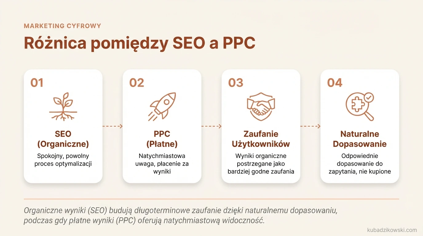 Infografika przedstawia kluczowe różnice między SEO (ruch organiczny) a PPC (ruch płatny) w pozycjonowaniu stron.