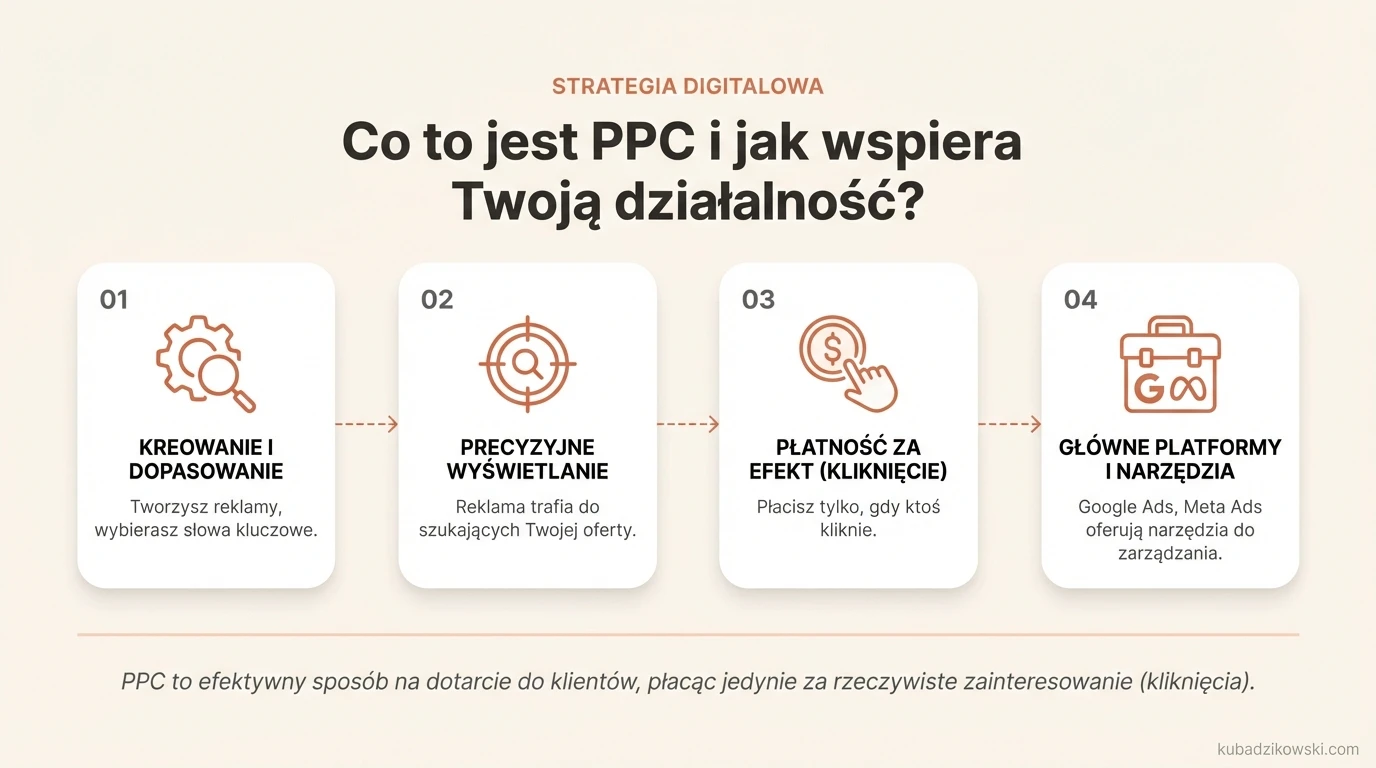 Infografika objaśniająca działanie PPC: Tworzenie reklam, słowa kluczowe, umieszczanie online i wyświetlanie.