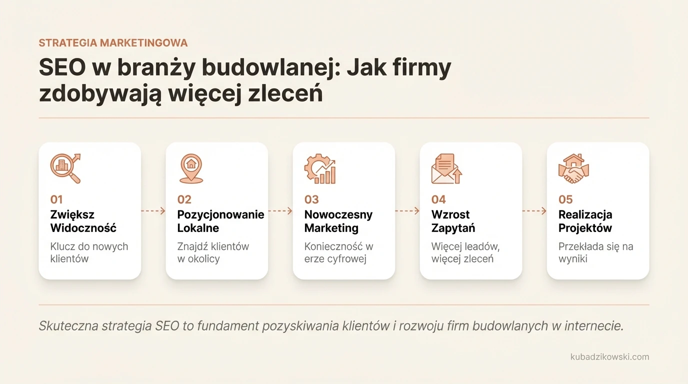 Infografika: SEO dla budownictwa. Strategie cyfrowe zwiększające zlecenia firm remontowych i budowlanych.