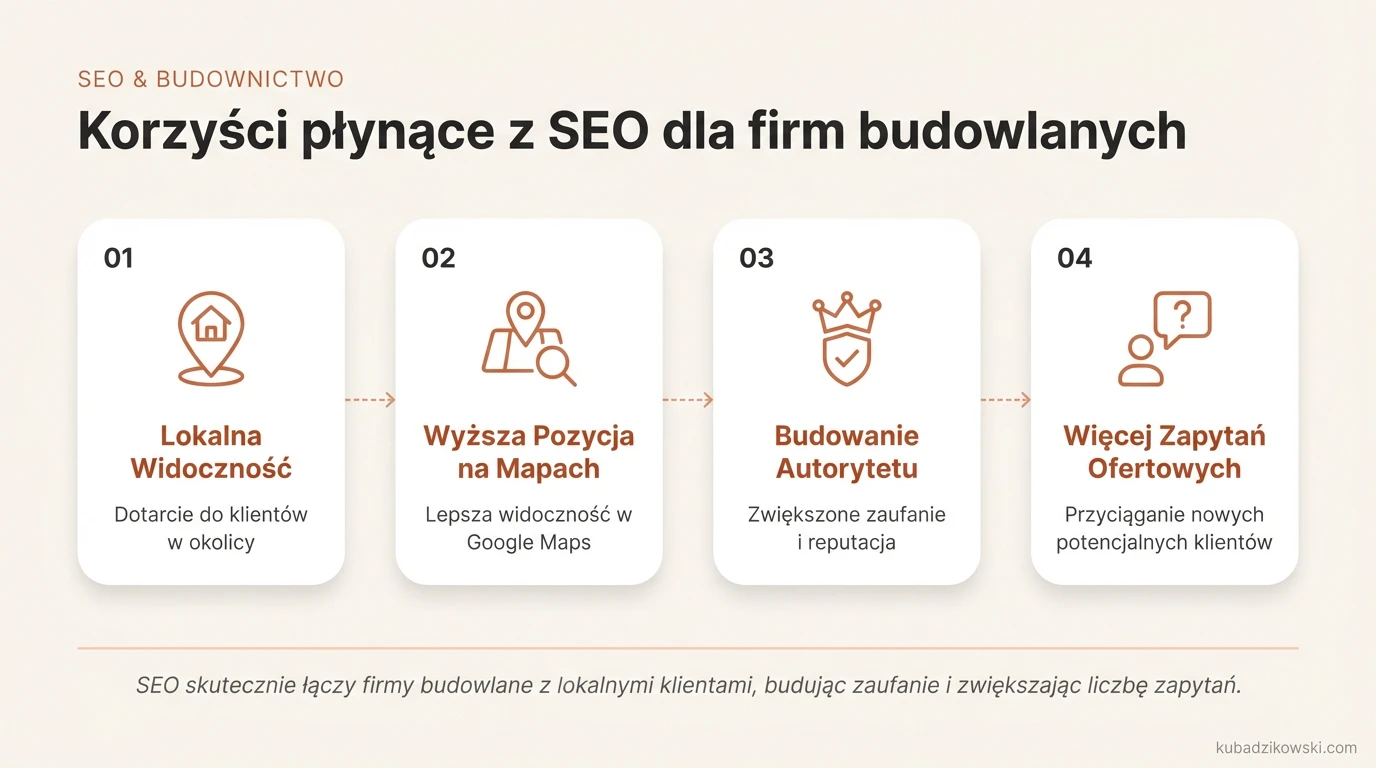 Infografika: Korzyści SEO dla firm budowlanych, wzrost widoczności lokalnej i dotarcie do klientów.