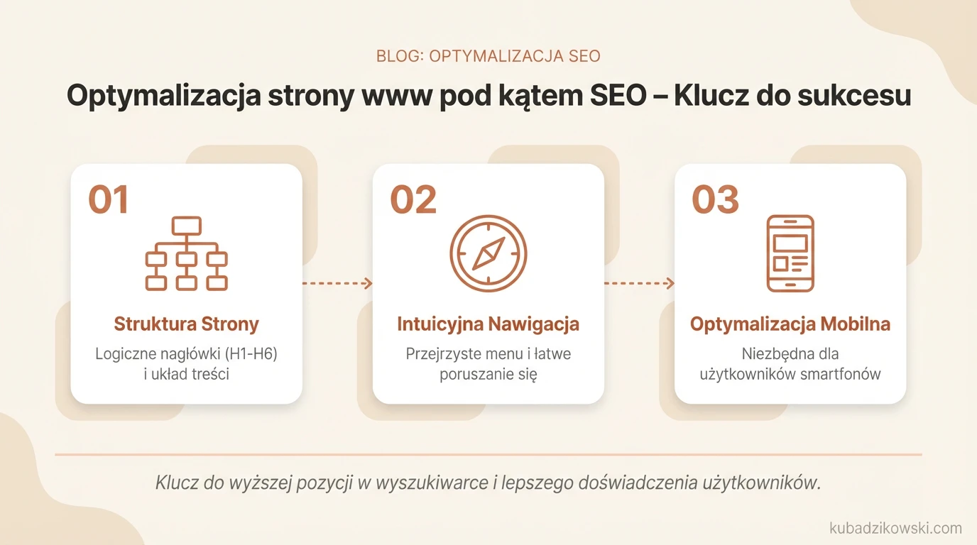 Infografika: optymalizacja SEO strony internetowej dla branży budowlanej, kluczowe aspekty i korzyści.