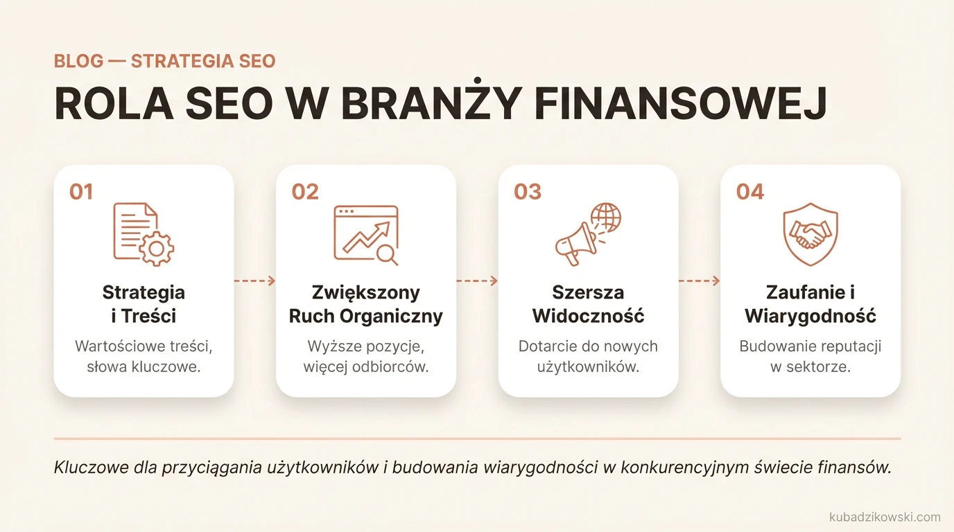 Infografika: Rola SEO w finansach. Wzrost ruchu, widoczności i pozycji w wynikach wyszukiwania dla instytucji finansowych.