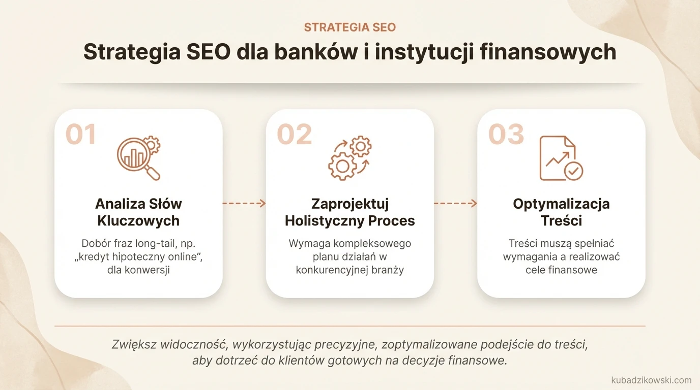 Infografika: mapa myśli/schemat przedstawiający kluczowe elementy strategii SEO dla banków i instytucji finansowych.
