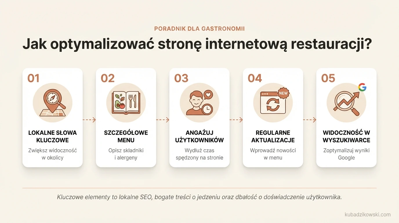 Infografika: optymalizacja strony restauracji; lokalne SEO, słowa kluczowe.