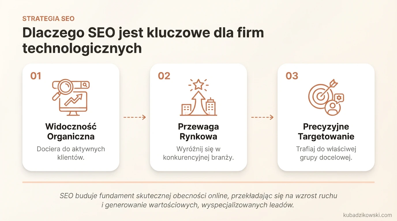 Infografika: znaczenie SEO dla firm technologicznych, zwiększająca widoczność online i docierająca do klientów.