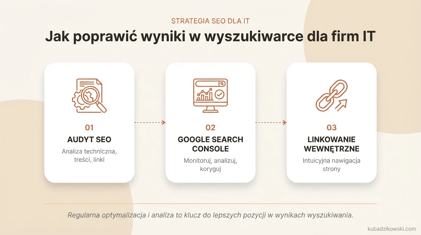 Infografika: Audyt SEO dla firm IT – etapy i kluczowe strategie poprawy widoczności w wyszukiwarkach.