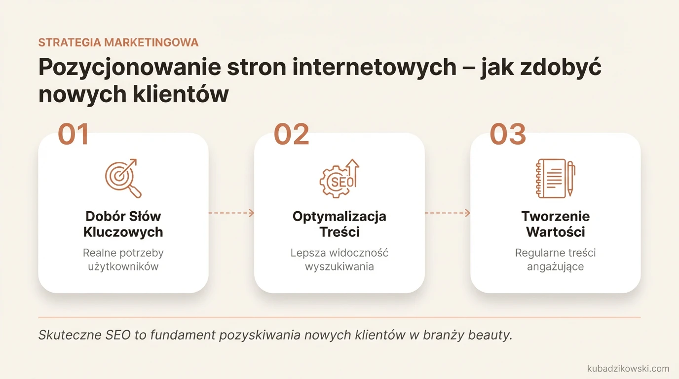 Infografika: Pozycjonowanie stron dla salonów piękności i sklepów kosmetycznych – filary, jak zdobyć klientów.