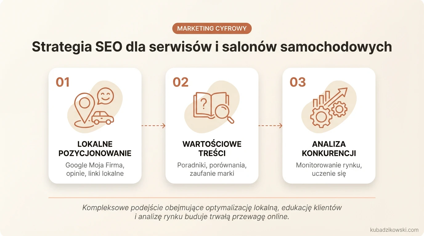 Infografika: 3 filary strategii SEO dla serwisów i salonów samochodowych – lokalne pozycjonowanie, treści, konkurencja.