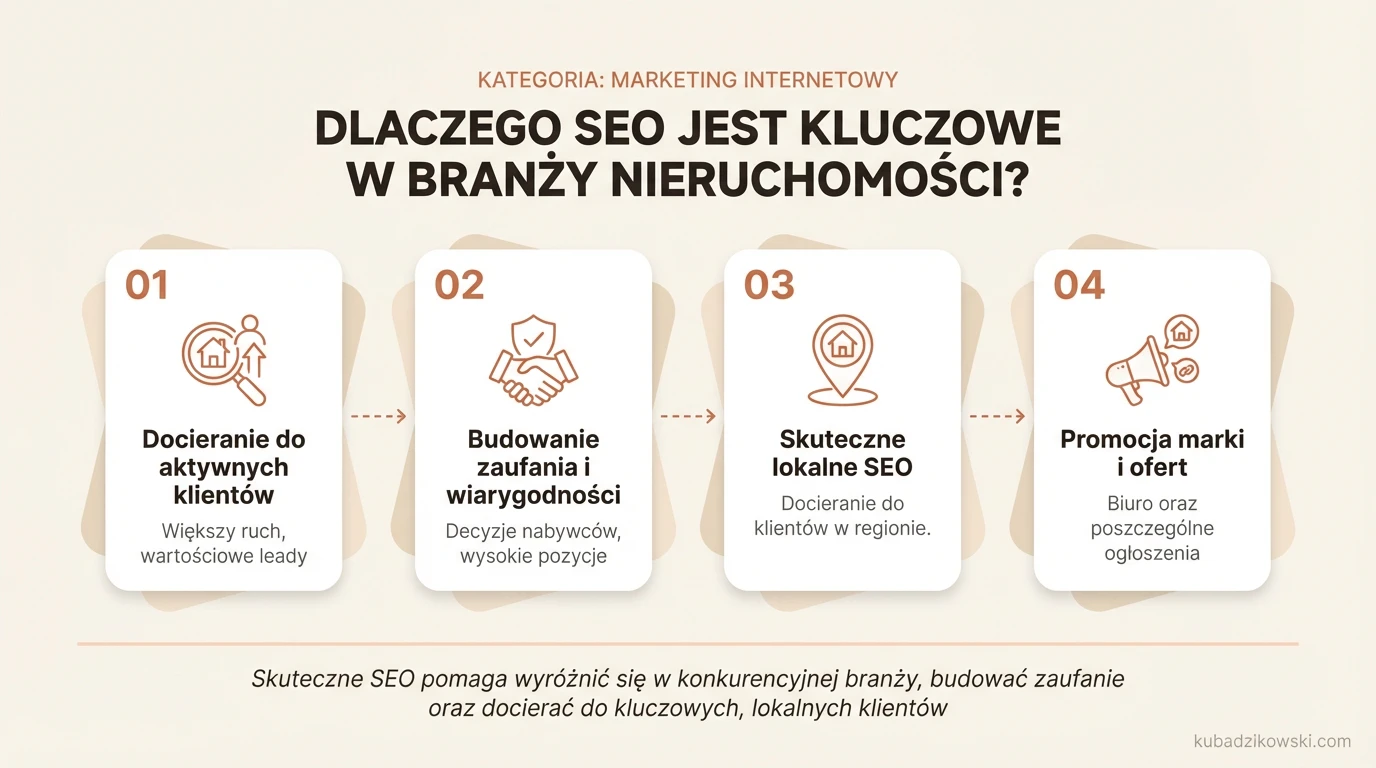 Infografika: Znaczenie SEO dla branży nieruchomości. Agencje zyskują widoczność i ruch, docierają do klientów.