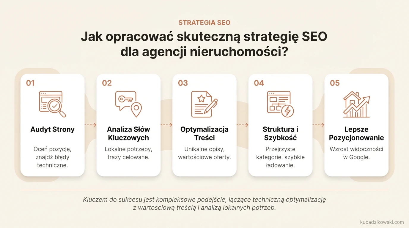 Infografika: 5 kluczowych kroków skutecznej strategii SEO dla agencji nieruchomości, zaczynając od audytu strony.