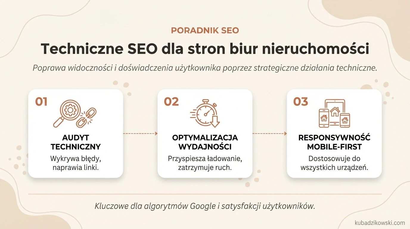Infografika: Techniczne SEO dla biur nieruchomości, rola audytu w zwiększaniu widoczności stron.