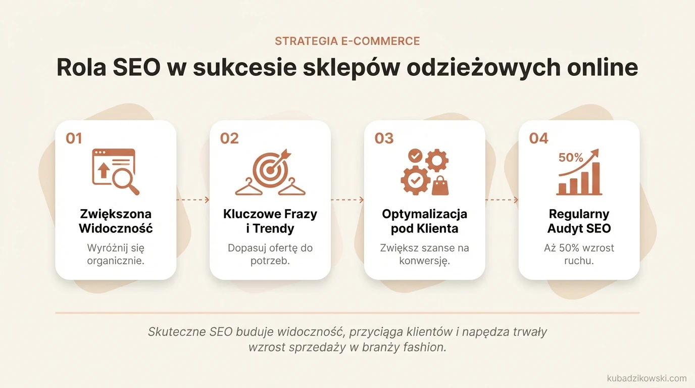 Infografika: SEO napędza sukces e-sklepów odzieżowych, zwiększając widoczność, ruch organiczny i sprzedaż w konkurencyjnej branży mody.