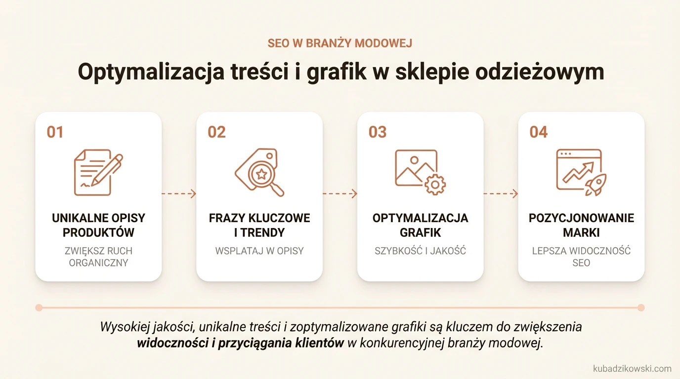 Infografika: Wskazówki SEO dla sklepu odzieżowego – optymalizacja treści i grafik dla zwiększenia widoczności.