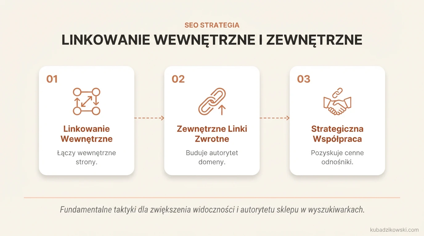 Infografika: Podstawy SEO e-commerce. Budowa linków wewnętrznych i zewnętrznych dla sklepu odzieżowego – zwiększanie widoczności.