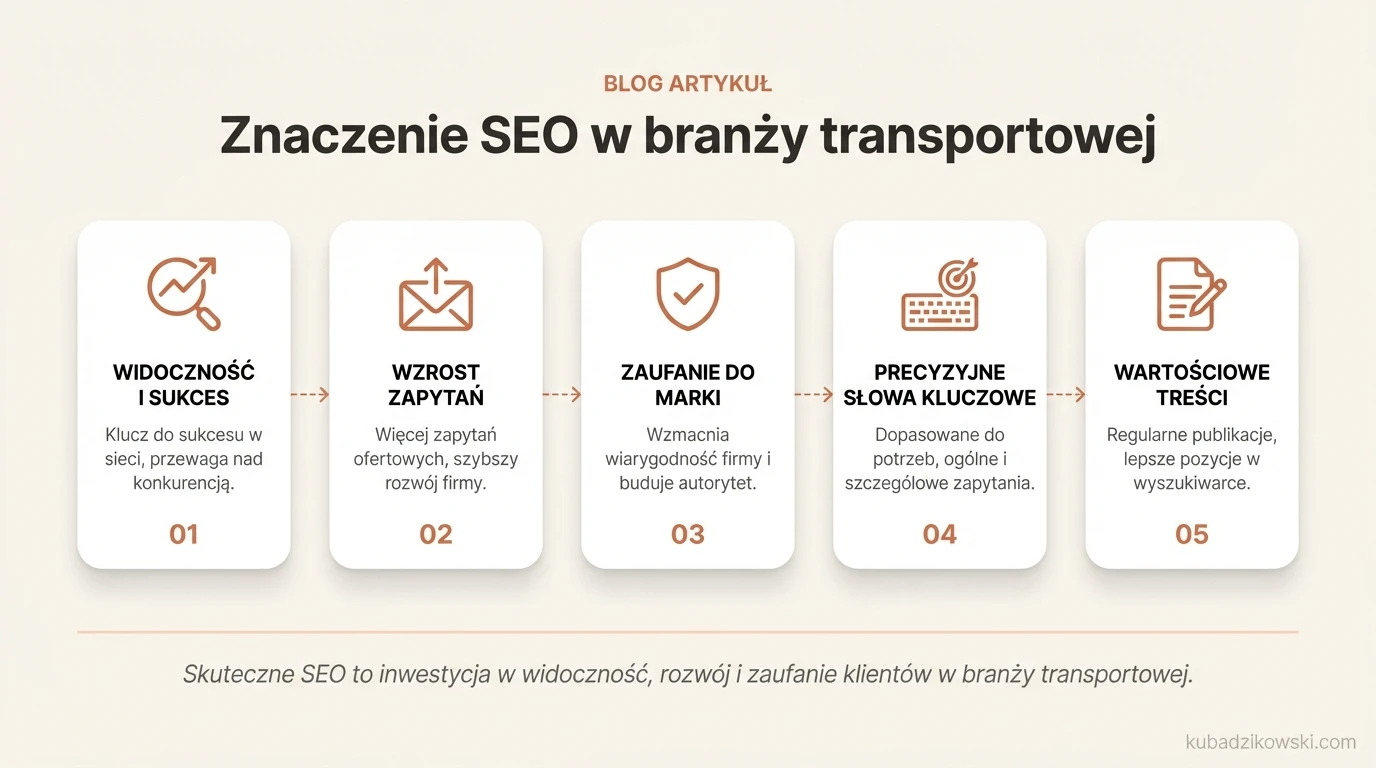 Infografika: Znaczenie SEO dla firm transportowych – widoczność online, pozyskiwanie klientów, rozwój biznesu.