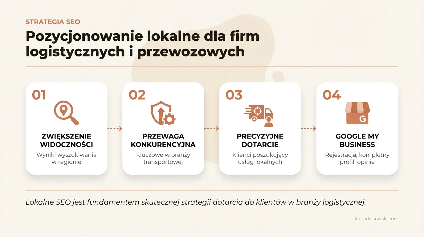 Infografika o lokalnym SEO dla logistyki i transportu, zwiększającym widoczność w wynikach regionalnych.