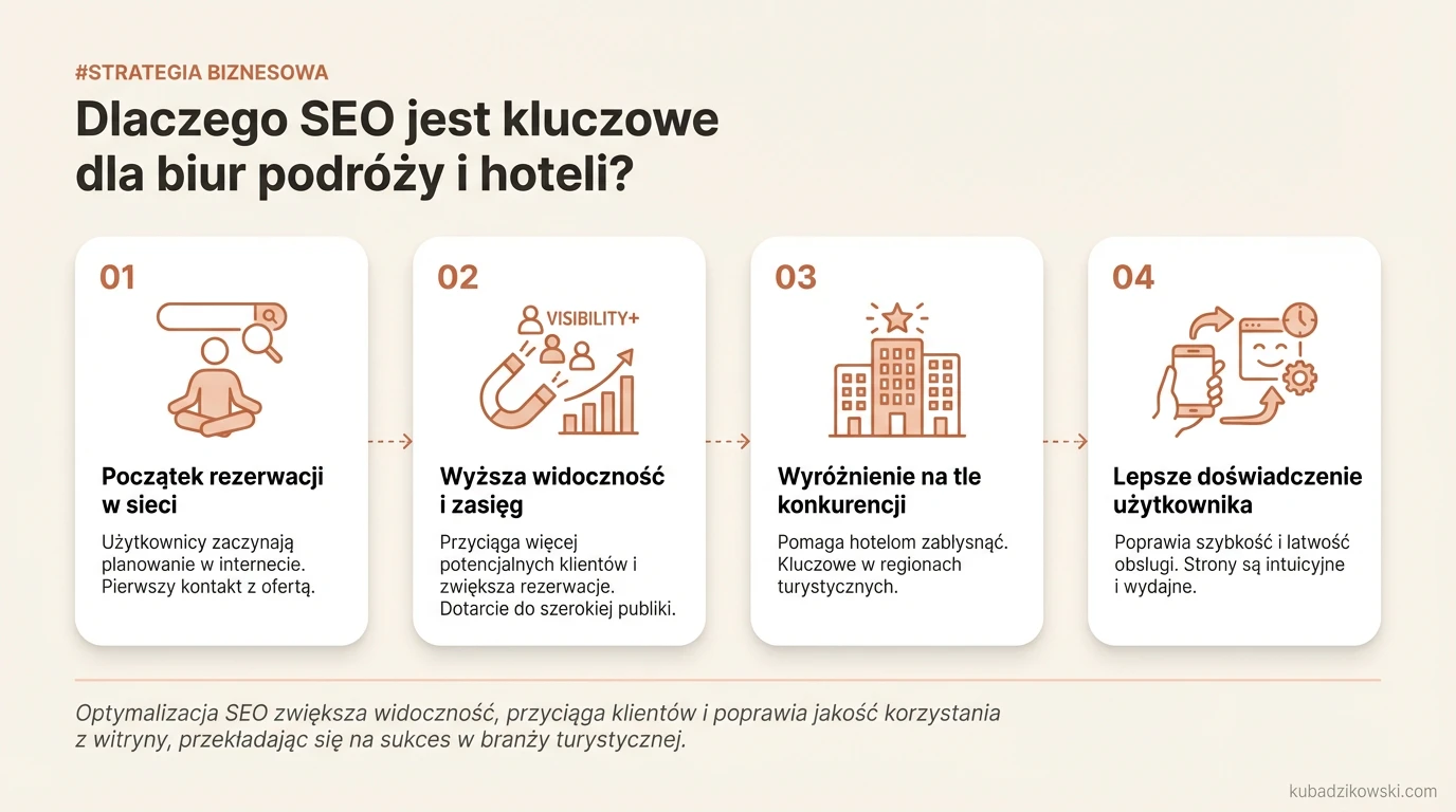 Infografika: Jak SEO napędza sukces hoteli i biur podróży w dobie cyfrowej, zwiększając rezerwacje i widoczność online.