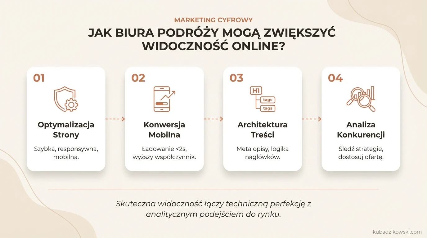 Infografika przedstawia strategie online dla biur podróży: optymalizacja www, treści, analiza konkurencji.