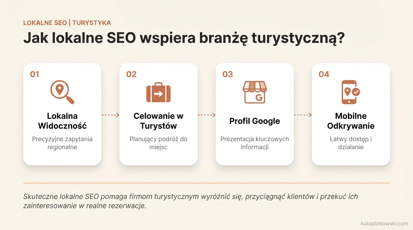 Infografika: Jak lokalne SEO zwiększa widoczność hoteli i biur podróży w wynikach wyszukiwania, przyciągając turystów.