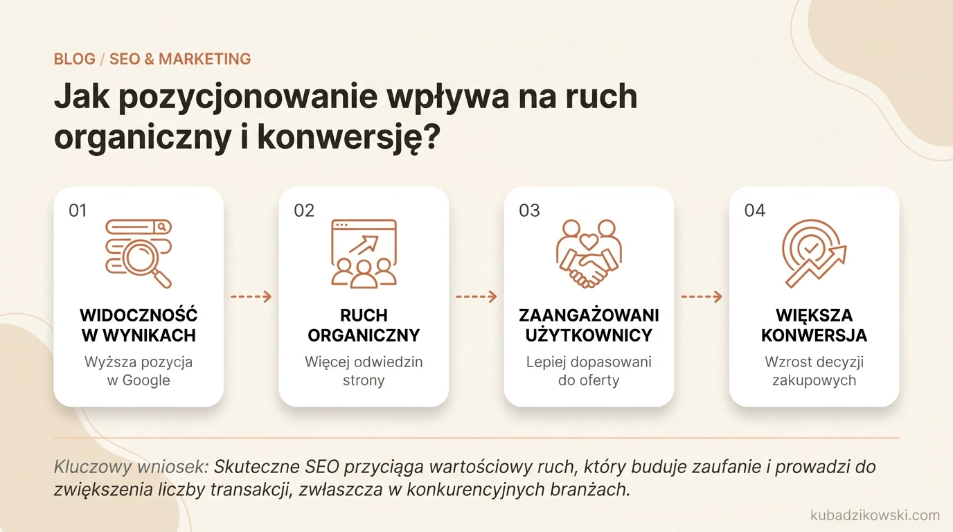 Infografika: pozycjonowanie zwiększa ruch organiczny i konwersję, kluczowe dla firm ubezpieczeniowych.