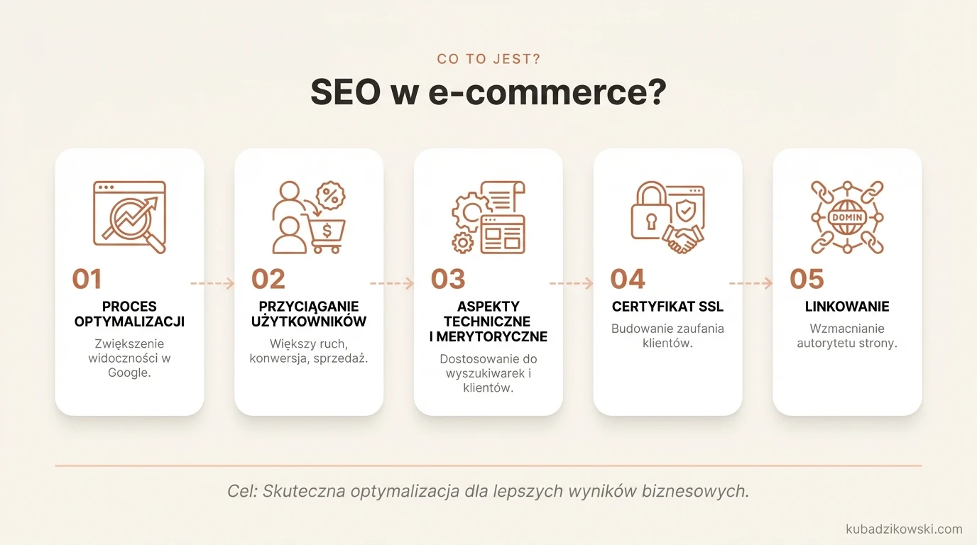 Infografika o SEO w e-commerce: zwiększanie widoczności i sprzedaży sklepu internetowego.